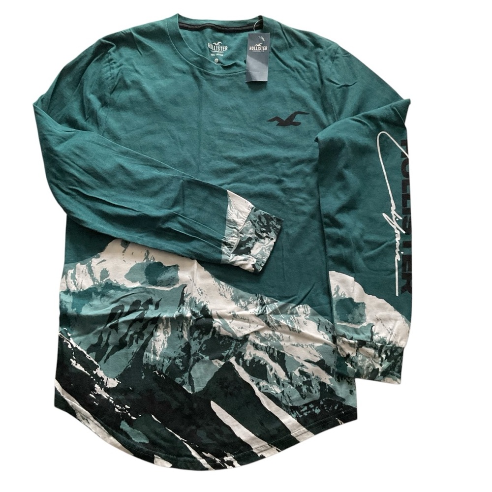 HOLLISTER Long Sleeve T-Shirt Mens XS Green California Mountains Crew Neck New